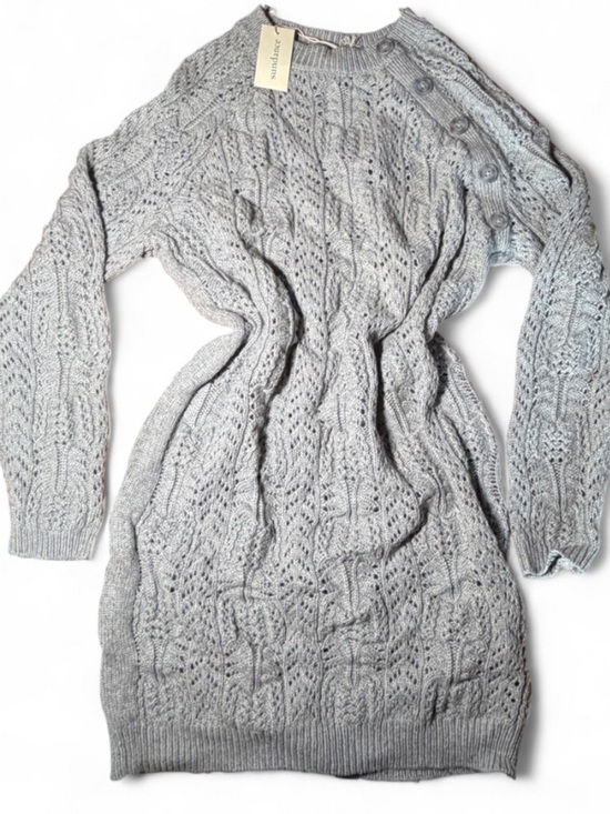 Sundance Dresses & Skirts - Sundance Cable Knit Sweater Dress Gray Button Shoulder Wool Blend XS NWT